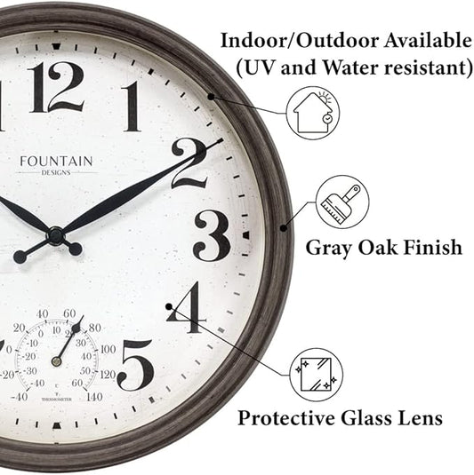 13" Maison in/Outdoor Clock with Thermometer, 2 in One Weather Station - Gray Oak Finish (Weather Thermometer/Wall Decoration)