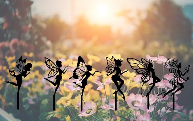 Garden Stake Metal Outdoor Decoration - Fairy With Magic Garden Stakes Outdoor Garden Decor Fairy Art Lawn Garden Silhouette Black Fairy Silhouette Stake for Yards, Gardens Spring Decor - Set of 2
