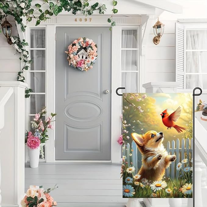 Spring Summer Garden Flags 12x18 Double Sided, Small Burlap Seasonal Cardinal Floral Corgi Dog Garden Flag Spring Summer Outdoor Yard Decorations for Outside Lawn Decor