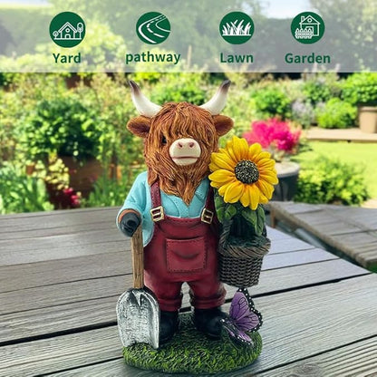 Outdoor Highland Cow Garden Statue with Sunflower Basket, Handmade Resin Figurine for Yard Patio Lawn Decor, Birthday Gifts for Women & Mom