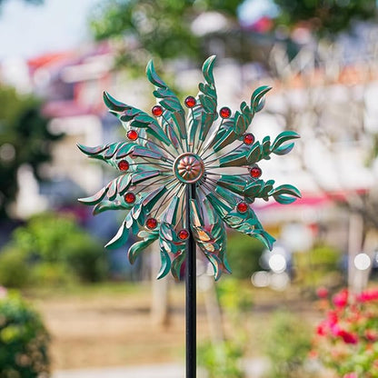 DREAMSOUL 13" Dia Wind Spinners Outdoor with Stake Kinetic Metal Wind Spinner with Red Crystal Accents, Teal Copper Windmill for Yard Garden Decor