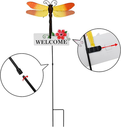 Garden Decor Metal Welcome Yard Stakes Spring Lawn Art Patio Decorative Plant Stake for Flower Pot Pathway Porch Backyard Indoor Outdoor Decoration (Dragonfly)
