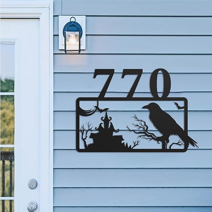 Personalized Gothic House Number metal Signs,Custom Address Number Metal Wall Art Decor,Black Plaques Outdoor wall Decorative Signage,Shed(8-30 Inches) (Crow C)