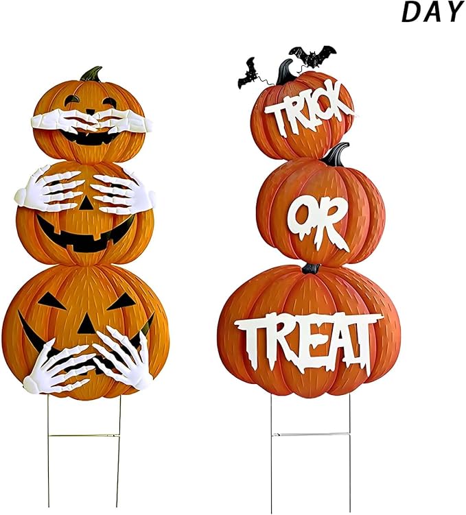 2Pack Glow in The Dark Halloween/Thanksgiving Garden Stakes – Stacked Pumpkin Design, Outdoor Halloween Yard Decorations, Light Up Pathway Markers for Spooky Night