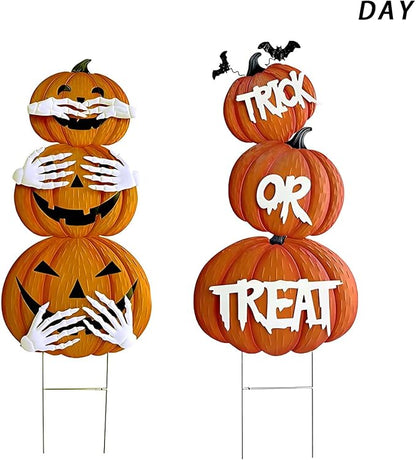 2Pack Glow in The Dark Halloween/Thanksgiving Garden Stakes – Stacked Pumpkin Design, Outdoor Halloween Yard Decorations, Light Up Pathway Markers for Spooky Night