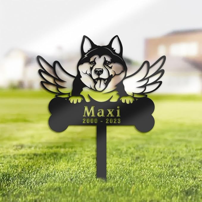 Custom Husky Dog Memorial Stake with Name,Metal Garden Stake Decoration for Cemetery Lawn,Sympathy Sign,Metal Pet Grave Marker,Remembrance Stake,Custom Iron Signs Ornament for Dog Mom