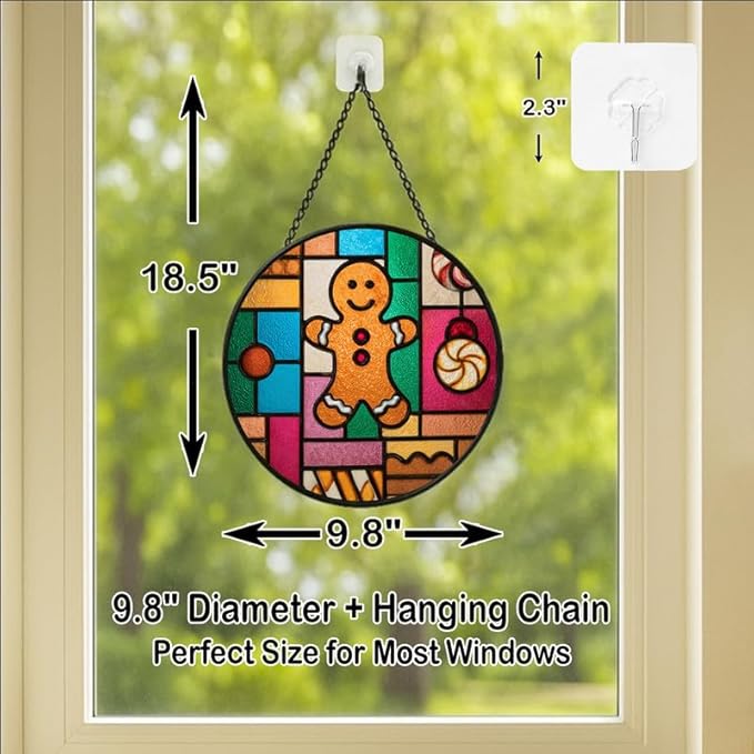 Stained Glass Window Hanging - Christmas Color Block Gingerbread Cookie with Peppermint Ornaments Sun Catchers Panel for Indoor Decorative Display for Mom,Wife,Lovers,Festive