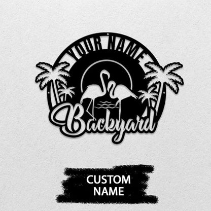 MeMate Flamingo Metal Sign - Backyard Patio Outdoor Decor, Personalized Name Housewarming Gift for Family or Friend