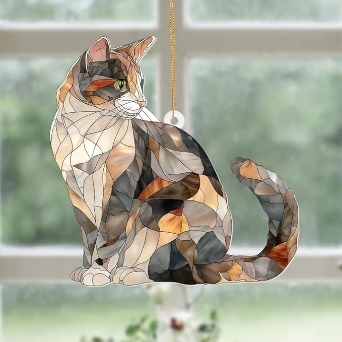 Stained Glass Cat Ornament – 2025 Christmas Tree Decoration, Handmade Animal Suncatcher for Window, for Cat Lovers & Unique Home Décor (Sun-05)