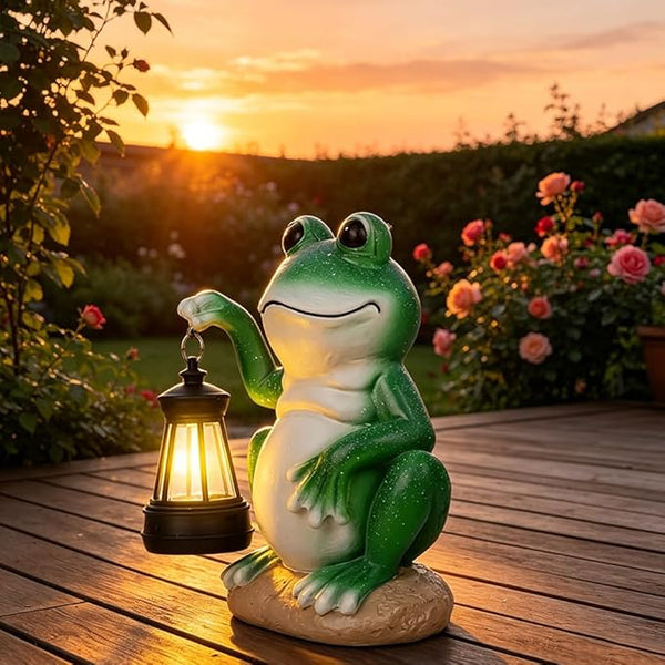 Solar Garden Frog Statue with Solar Lanterns Outdoor Frog Garden Decor Figurine Lights for Patio Balcony Shelf Tabletop Lawn, Unique Housewarming Birthday Thanksgiving Gifts for Women Mom