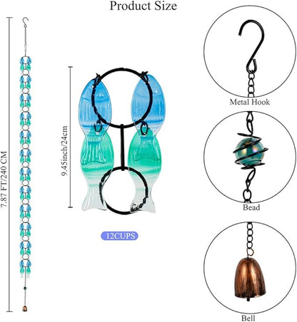 dreamysoul Rain Chains for Outside, 7.87FT Adjustable Blue Glass Rain Chain, Fish Shpe Decorative Rain Catcher Chains for Gutters, Downspout, Eaves, Drainage