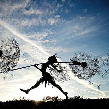 Fcteap Flower Fairy Dancing with Dandelion Garden Art Sculpture Stainless Steel Statue Christmas Halloween Decoration for Outdoor Yard Courtyard Lawn Patio Metal Ornaments (Long Travel)