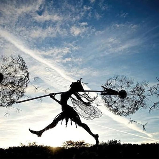 Fcteap Flower Fairy Dancing with Dandelion Garden Art Sculpture Stainless Steel Statue Christmas Halloween Decoration for Outdoor Yard Courtyard Lawn Patio Metal Ornaments (Long Travel)