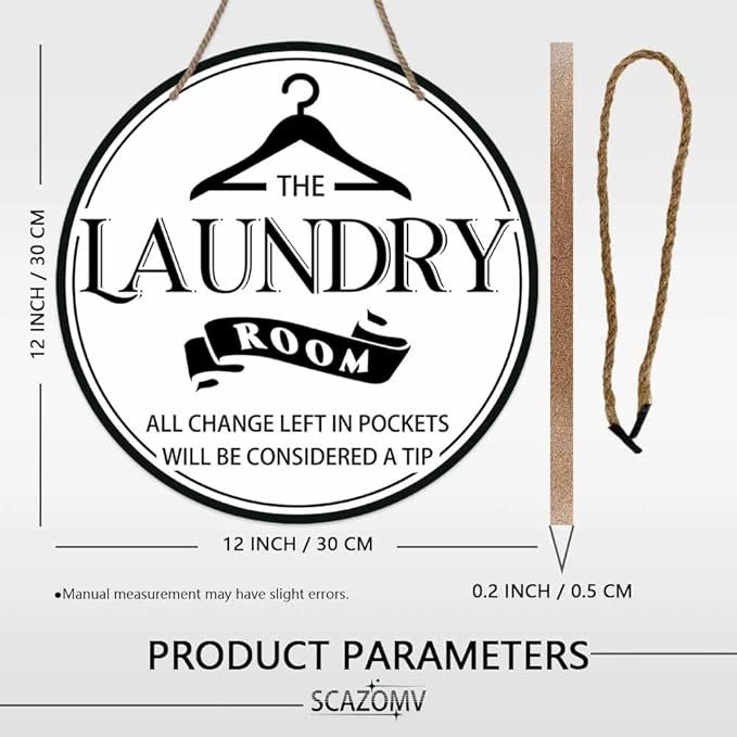 Laundry Room All Change Left In Pockets Will Be Considered A Tip White Round Rustic Wood Sign Plaque Vintage Wall Art Cute Wooden Hanging Sign Decor for Home Farmhouse Bathroom 12 Inch