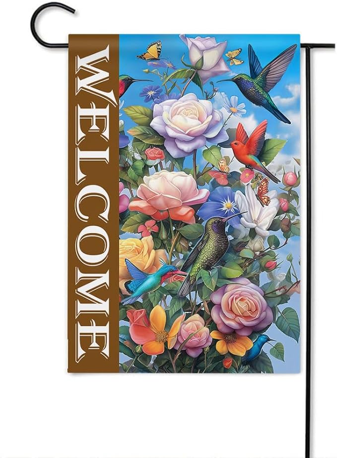 Gkyygk Welcome Garden Flag Roses Hummingbirds Butterflies Double Sided 12x18 Inch Banners Welcome Yard House Outside Outdoor Summer Decoration