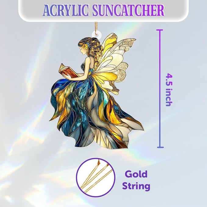 Reading Fairy Book Ornament – Stained Glass Style Acrylic Christmas Ornament, Book Lover Gift for Women, Teacher & Librarian Book Club Decorations, Fantasy Ornament Holiday Décor(Sun-01)