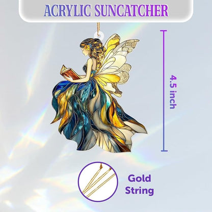 Reading Fairy Book Ornament – Stained Glass Style Acrylic Christmas Ornament, Book Lover Gift for Women, Teacher & Librarian Book Club Decorations, Fantasy Ornament Holiday Décor(Sun-01)