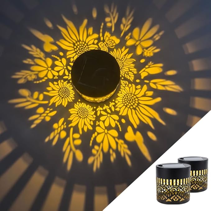 Decorative Solar Mandala Lights Outdoor, Metal Solar Fence Wall Light Waterproof, Solar Powered Mandala Garden Lights for Patio Fence Backyard Deck Outdoor Wall Decor (Sunflower*2)