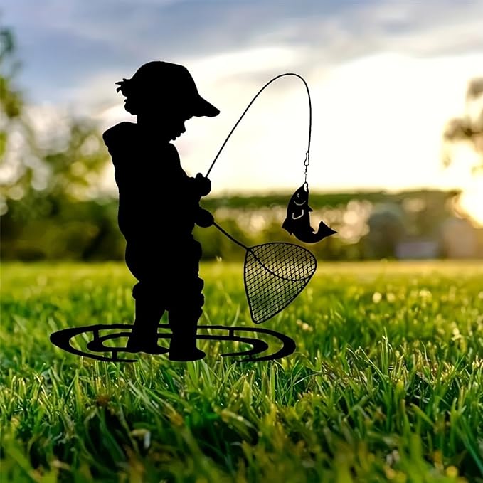 Boy Silhouettes Fishing Playing Vintage Metal Garden Stake Silhouette Sculpture, Yard Garden Metal Stake Rustic Outdoor, Yard Art Decor