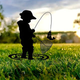 Boy Silhouettes Fishing Playing Vintage Metal Garden Stake Silhouette Sculpture, Yard Garden Metal Stake Rustic Outdoor, Yard Art Decor