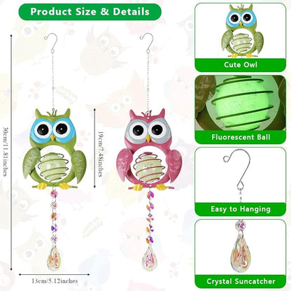 Garden Suncatcher, 2 Pack Hanging Owl Suncatchers with Rainbow Maker Crystal, Hand-Painted Metal Sun Catchers Indoor Window for Garden, Patio, Balcony, Indoor Window