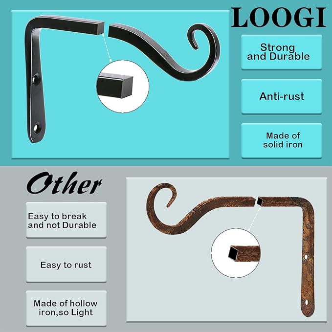 LOOGI Hanging Plant Bracket, Wall Hook Plant Hanger 6 Inch Decorative Hooks for Indoor Planter Lantern, Outdoor Bird Feeder Wind Chime, 2 Pack Black