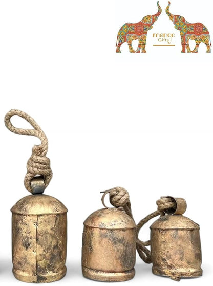 Mango Gifts Handmade Rustic Iron Tin Metal Vintage Harmony Bells Rustic Brass Country Style Large Bell Relaxing Tranquil Wind Chimes Christmas Hanging, Bells on Rope Set of 3 Pieces