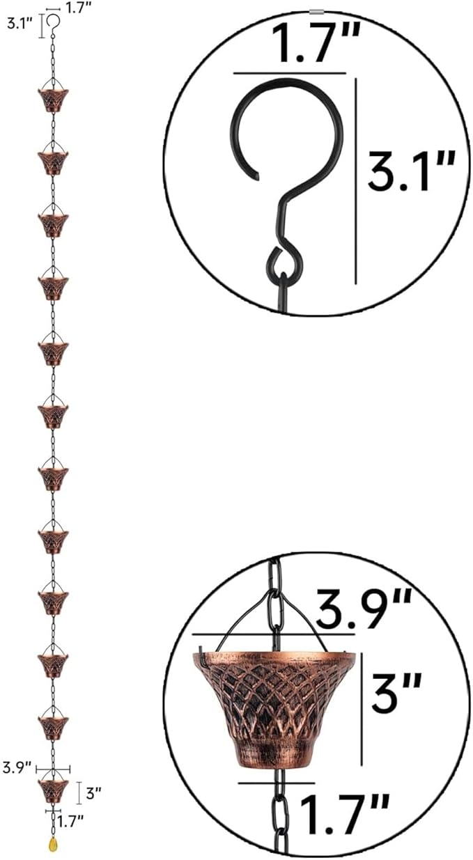 Pure Copper Garden Rain Chain 9FT Decorative Downspout Extension with 12 Cups for Roof Garden Gazebo Drainage Water Flow Outdoor Home Decor
