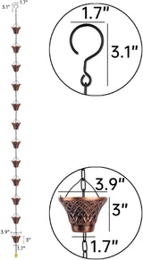 Pure Copper Garden Rain Chain 9FT Decorative Downspout Extension with 12 Cups for Roof Garden Gazebo Drainage Water Flow Outdoor Home Decor