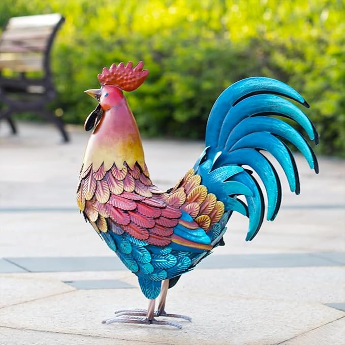 Kircust Metal Rooster Garden Ornament, Multi-Color Outdoor Yard Art Chicken Statue for Home Patio Lawn Backyard Farmhouse Kitchen