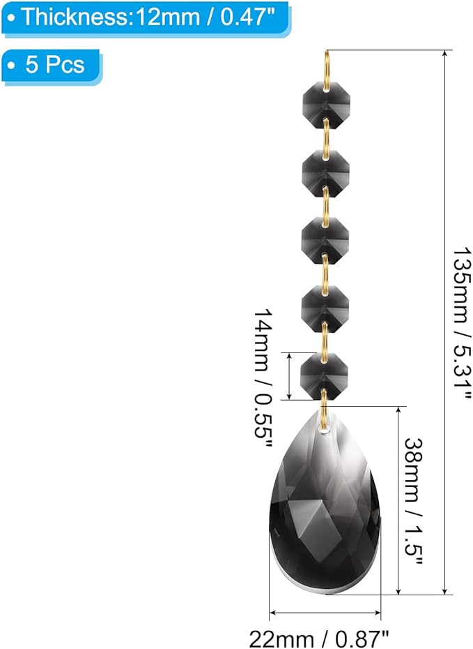 PATIKIL Teardrop Crystal Chandelier Pendants Beads, 5 Pack 135mm Length 38mm Chandelier Prisms Parts Ornaments Hanging Beads for DIY Arts Crafts Decoration, Light Black