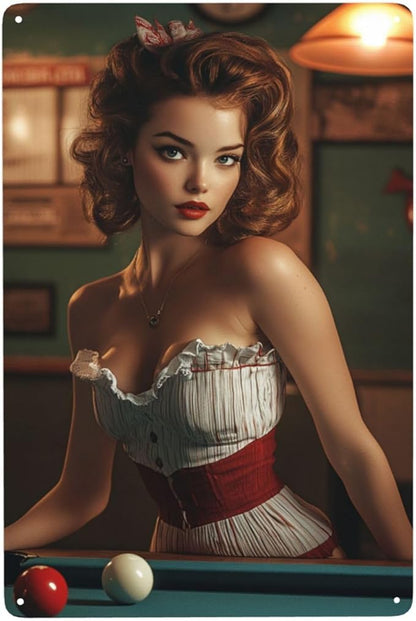 Cafemira Vintage tin sign,sexy woman &pool table,Metal sign,Home Art wall decor plaque,for living room,club,man cave,Yard,Garden,Patio,indoor outdoor decorative poster,easy to hang.8x12inch