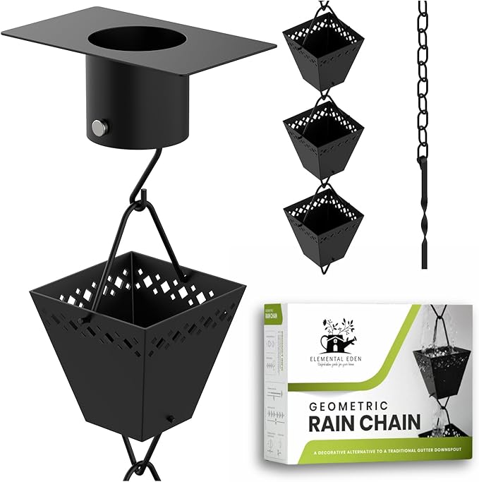 Rain Chain Kit w/Adapter & Extension | Black Powder Coated Rain Chains for Gutters 10 ft | Rain Chain | Gutter Chain Downspout | Rain Chains for Outside | Rain Catcher | Rain Chimes
