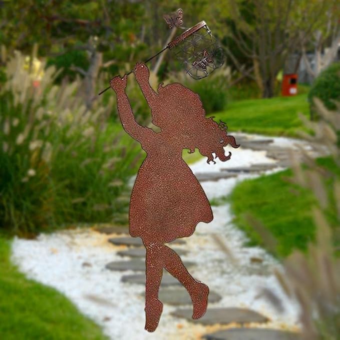 Iron Metal Weatherproof Butterfly Standing Silhouette Art Sculpture Statue for Garden, Girl