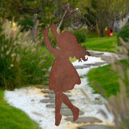 Iron Metal Weatherproof Butterfly Standing Silhouette Art Sculpture Statue for Garden, Girl