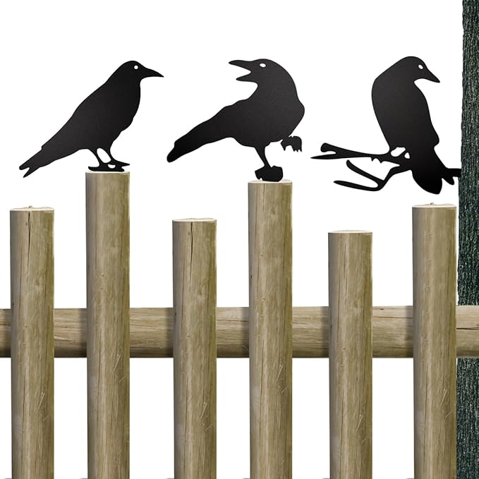 Black Metal Raven Decor ，3PCS Outdoor Raven Yard Fence Decorations ，Metal Birds Craft Ornaments Garden Fence Topper Outdoor Yard Art