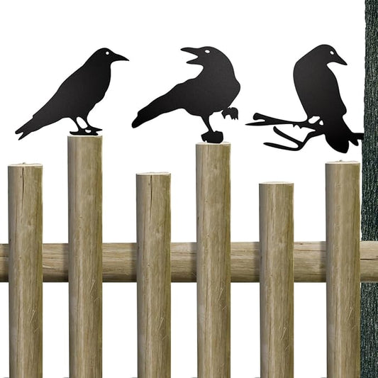 Black Metal Raven Decor ，3PCS Outdoor Raven Yard Fence Decorations ，Metal Birds Craft Ornaments Garden Fence Topper Outdoor Yard Art