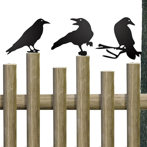 Black Metal Raven Decor ，3PCS Outdoor Raven Yard Fence Decorations ，Metal Birds Craft Ornaments Garden Fence Topper Outdoor Yard Art
