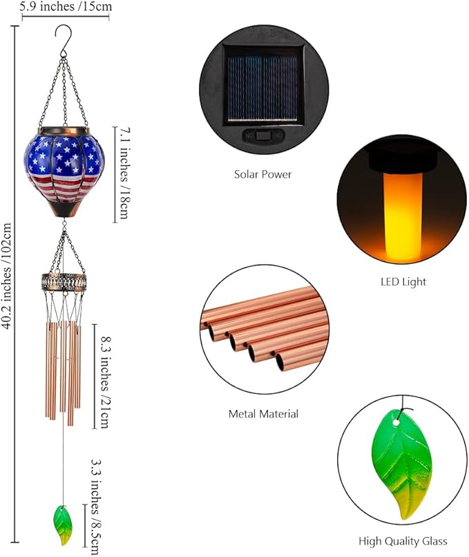 Starsoul Solar Wind Chimes for Outside, American Flag Hot Air Balloon with Flickering Flame Solar Wind Chime, Glass Windchimes Outdoors Garden Decor, Gift for Mother's Day Mom Grandma