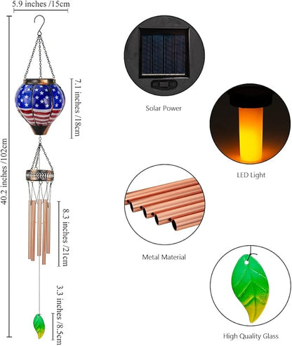 Starsoul Solar Wind Chimes for Outside, American Flag Hot Air Balloon with Flickering Flame Solar Wind Chime, Glass Windchimes Outdoors Garden Decor, Gift for Mother's Day Mom Grandma