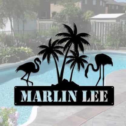 MeMate Flamingo Decor, Personalized Outdoor Metal Signs for Backyard, Porch, Deck - Custom Name Signs, Housewarming Gifts