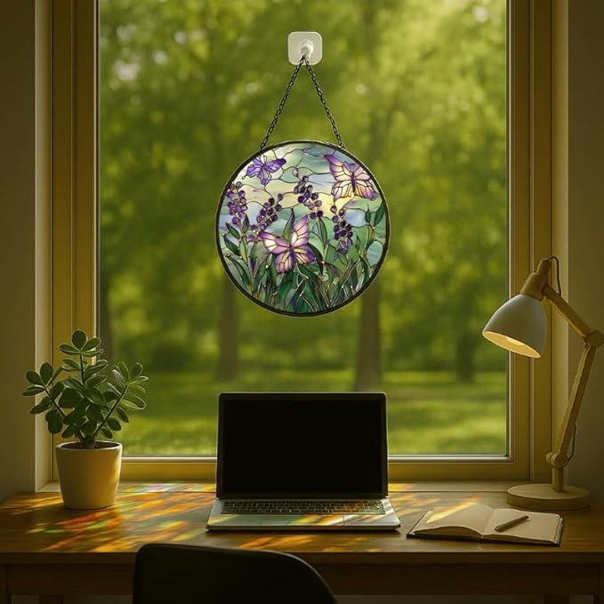 Purple Berries and Butterflies Stained Glass Window Hanging Panel – 6.3in Floral Nature Suncatcher Wall Art for Home Window Decor and Gift