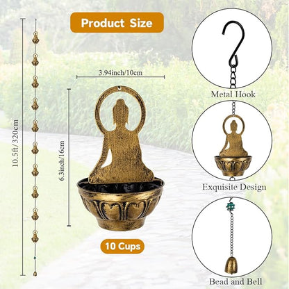 10.5ft Rain Chain for Outside, Rain Chain with 10 Buddha Cups, Adjustable Rain Catcher Chain for Outside, Replacement Downspout for Gutters, Eaves, Drainage