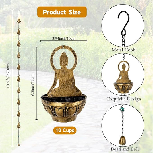 10.5ft Rain Chain for Outside, Rain Chain with 10 Buddha Cups, Adjustable Rain Catcher Chain for Outside, Replacement Downspout for Gutters, Eaves, Drainage