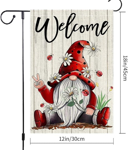 Welcome Garden Flag 12x18 Inch Double Sided with Spring Gnome, Daisies, Ladybugs, and Wooden Fence for Outdoor Yard Decoration