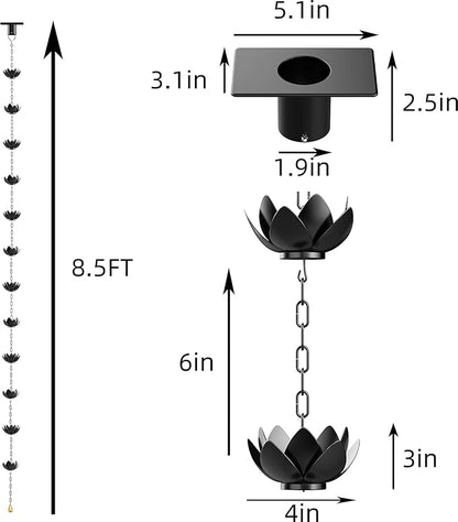 Rain Chain for Gutters Outside 8.5ft Downspout Replacement with 12 Cups Heavy-Duty Black Metal Rain Catcher Divert Rainwater for Gardens Patios & Home Decor Adjustable Easy Install