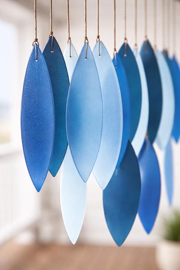 Blue & White Glass Wind Chime, Large 20″ – Recycled Glass & Driftwood Coastal Hanging Chime for Porch, Patio & Home