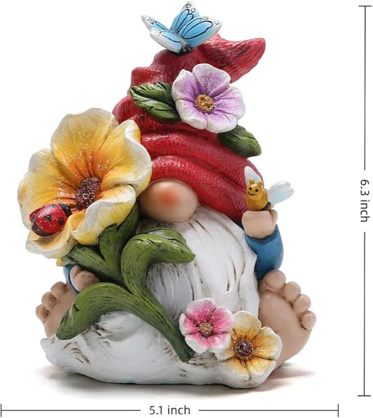 Hodao Gnome Figurine Decorations Indoor Home Decor Butterfly Bee Seven Star Ladybug - Dancing Spring Petal Gnome - Summer Garden Patio Gnome Sculpture Decorations (Flower gnome)
