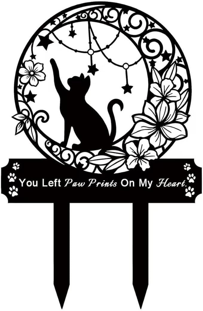 Cat Grave Marker Memorial ,Cat Headstone,Metal Pet Grave Decorations for Cemetery,Cat Memorial Gifts with Garden Cat Silhouette,Waterproof Pet Headstone Memorial for Yard, Garden or Indoor Memorial