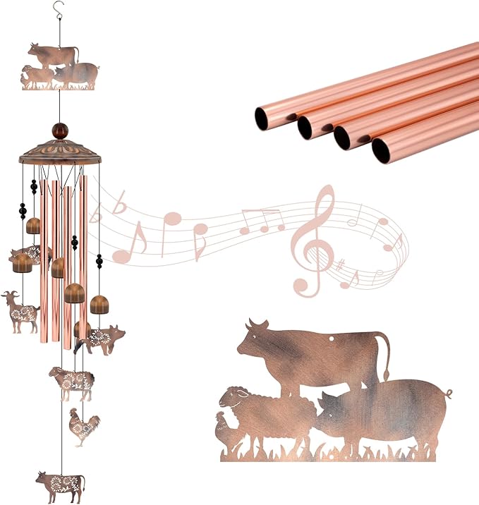 Farm Animal Wind Chimes Gifts for Women Men, Farmhouse Decor for Outside Garden Patio, 35 Inch Vintage Metal Cow Pig Chicken Sheep Goat Wind Chimes